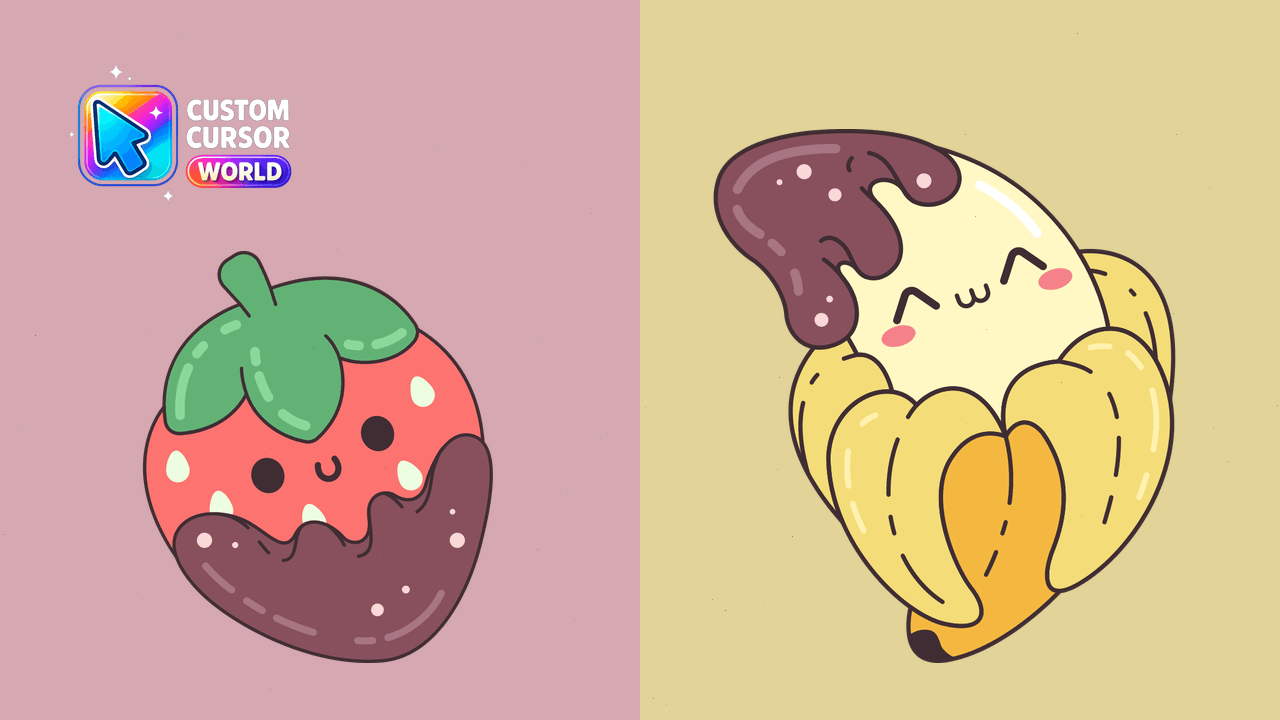 Cursor pack preview: Custom Cursor Pack - Kawaii Banana & Strawberries in Chocola